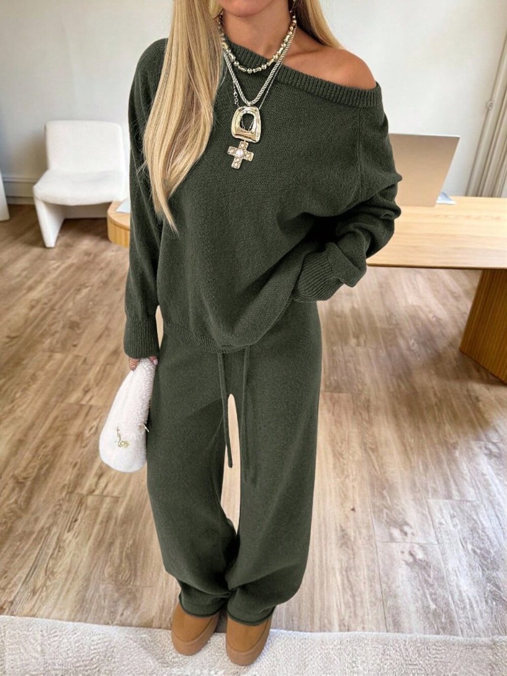 Olive Green Casual Women's Drawstring Rib-Knit Drop Shoulder Long Pants - Picture 5 of 5